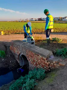Trabajadores inspeccionan tubería de drenaje en campo agrícola