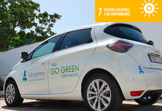 Coche eléctrico blanco con mensaje Go Green