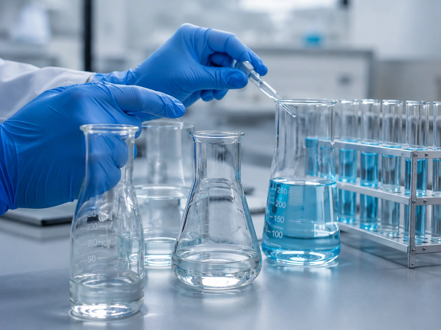 Manos con guantes usando pipeta en laboratorio químico